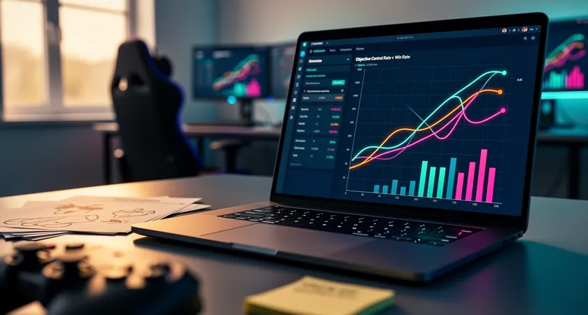 Close-up of a laptop screen showing a clean, color-coded spreadsheet dashboard, graphs plotting objective control rate over time next to win rate, sunlight from a window reflecting on the screen, a handwritten sticky note with 'Review Baron Setup' attached to the monitor bezel