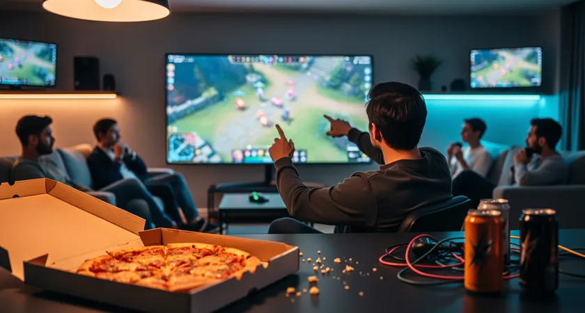 Side-angle view of a team of five in a casual gaming lounge, gathered around a large monitor displaying a paused replay, one player pointing at the minimap while others nod, warm ambient lighting, empty pizza box and energy drinks on a side table