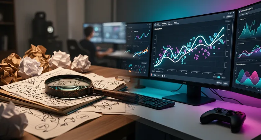 Split-screen visual metaphor: left side shows a messy desk with papers scrawled with handwritten stats, a magnifying glass resting on top; right side shows a sleek, modern dashboard with clear, large-scale trend lines and highlighted anomalies, symbolizing the jump from manual to analytical insight