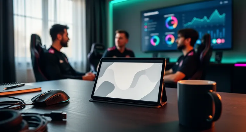 A coach and two team members in a casual meeting, the coach's tablet screen faces them showing a simple, actionable report with three bullet points, the players look engaged and are taking notes on their phones, natural light from a large window, whiteboard in background with a single play diagram