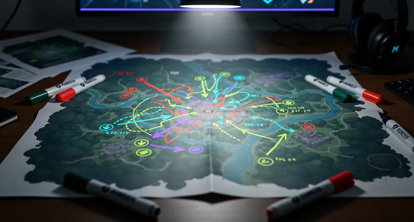 An overhead shot of a tactical map printed on paper, spread across a table. Color-coded dry-erase markers sketch arrows representing jungle paths and lane roams, with small timestamp notations next to key objectives. The lighting is a cool, focused desk lamp.