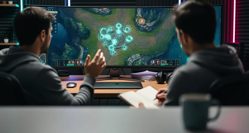 A medium shot of two team members side-by-side at a desk, reviewing a game replay on a large monitor. One points at the screen highlighting a ward placement, the other takes notes in a physical notebook. The mood is collaborative and focused, with warm ambient lighting.
