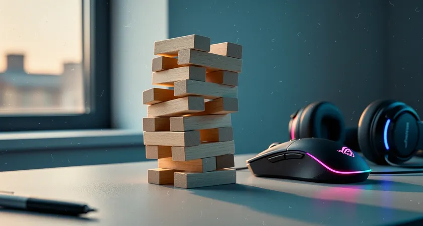 A symbolic shot of a tower of Jenga blocks, intricately built but visibly wobbly and leaning. It sits on a desk next to a gaming mouse and headset, with a soft morning light streaming in from a window, suggesting a foundation that requires careful attention.