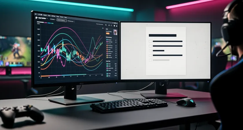 A clean, minimalist desk setup with two monitors. One screen displays a complex data visualization with overlapping graphs of team gold differential and objective timings. The other shows a simple, clear checklist document titled "Post-Game Review Framework." Daylight fills the room.