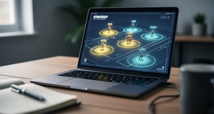 Close-up of a laptop screen showing a League of Legends replay at a paused moment, with yellow vision circles and champion icons highlighted. Notebook and pen on a wooden desk nearby, soft natural light from a window, focus on the analytical tools on screen