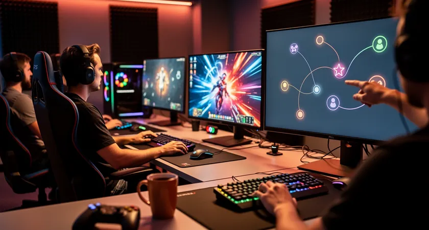 Medium shot of a team of five gamers in a casual setup, headsets on, one player pointing at a large secondary monitor displaying a simple diagram. Warm, low-light ambiance from RGB setups, focused and collaborative body language