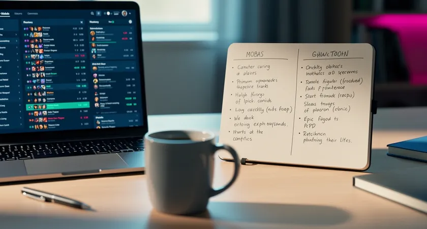Split-screen visualization: left side shows a cluttered op.gg match history page, right side shows a clean, handwritten notebook with two columns titled "Good Macro Habits" and "Repeating Mistakes". Daylight on a minimalist desk, a coffee mug in the foreground