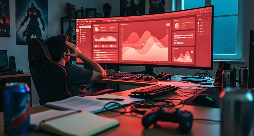 Wider shot of a frustrated gamer leaning back in their chair, hand on forehead, looking at a red "DEFEAT" screen. The screen's glow highlights a cluttered desk with empty cans, contrasting with the organized setup from earlier images
