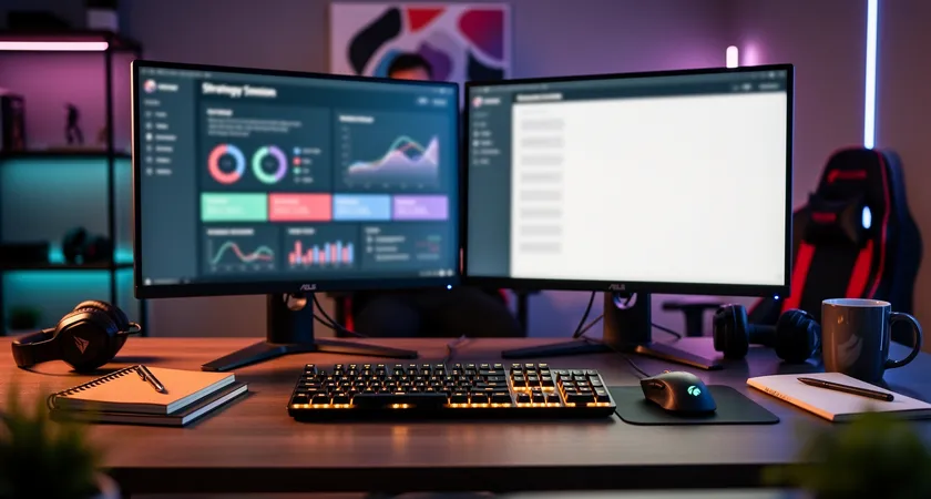 A split-screen desktop setup in a dimly lit room, one monitor showing a paused League of Legends replay interface, the other a minimalist note-taking app with bullet points, warm monitor glow on a mechanical keyboard, organized clutter of notebooks and a headset