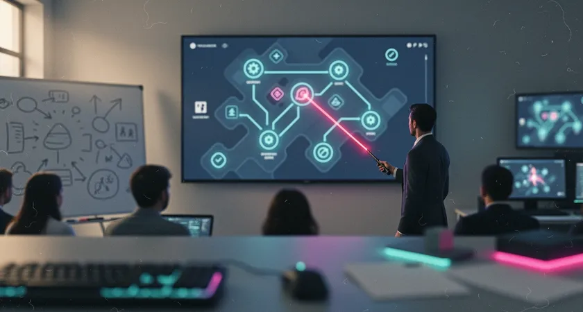 A wide shot of a team gathered around a large tv screen displaying a zoomed-out League of Legends minimap view, one person using a laser pointer to trace a path, focused expressions, natural light from a window illuminating diagrams on a whiteboard in the background