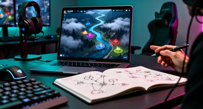 Close-up of a laptop screen showing a League of Legends replay from a support player's perspective, the camera focused on fog of war in the river, a hand holding a pen points to an unseen area on the map, notebook sketches of ward placements visible on the desk