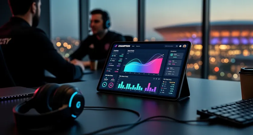 A consultant and a team captain looking at a data dashboard on a tablet, graphs showing champion pick/ban rates and win rate timelines, the conversation focused, ambient light in a team meeting room with a glass wall overlooking a cityscape