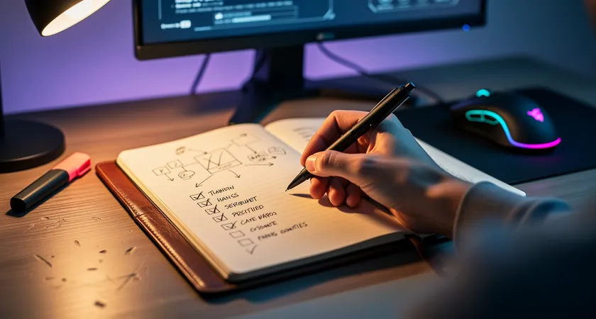 A hand writing in a leather-bound notebook with "Session Focus: Early Vision & Disengage Comms" at the top, a checklist with two items visibly checked off, a highlighter and a gaming mouse in the shallow background, warm desk lamp lighting