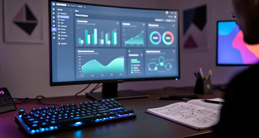 A computer monitor displaying a Discord server interface, screen focused on a detailed text channel with formatted 'LFP' posts, soft blue light from the screen illuminating a mechanical keyboard and a notebook with scribbled player names, dark room ambiance with a single desk lamp