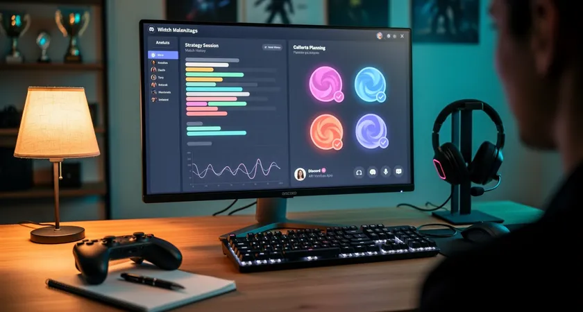 Split-screen view showing a League of Legends match history on one monitor and a Discord call interface with four profile pictures active on the other, warm lamp light on a wooden desk creating a focused, preparatory atmosphere