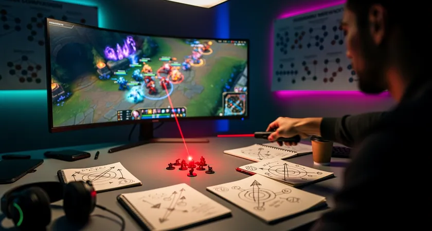 A coach's perspective looking over a player's shoulder at a game replay paused at a key teamfight moment, laser pointer dot on the screen highlighting player positioning, notebooks with diagrams open on the desk, dim ambient lighting in a team review room