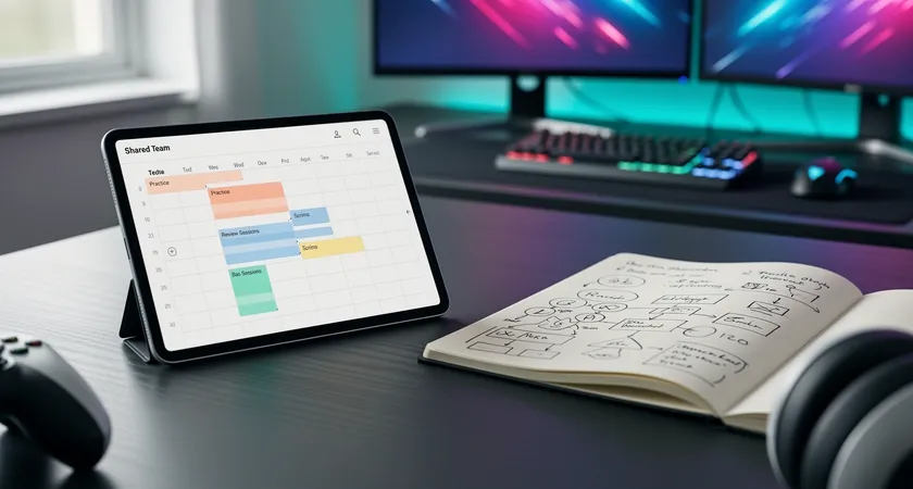 A clean, minimalist digital dashboard on a tablet showing a shared team calendar with color-coded blocks for practice, VOD review, and scrims, next to a physical notebook with handwritten 'Team Pact' rules, soft morning light from a window