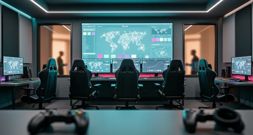 A wide-angle view of a dedicated esports team practice room, five empty gaming chairs facing monitors, a large central screen displaying complex game data analytics, the room clean and professionally set up but currently unoccupied, suggesting structured preparation
