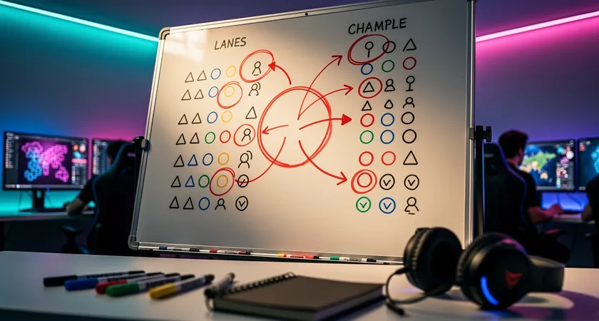 A bird's-eye view of a team's draft notes scribbled on a whiteboard. Columns list champion names, player roles, and simple icons for 'engage', 'damage', and 'peel'. A red marker circles key synergies, with arrows connecting specific champion pairs. The lighting is bright and clinical, emphasizing planning over chaos.