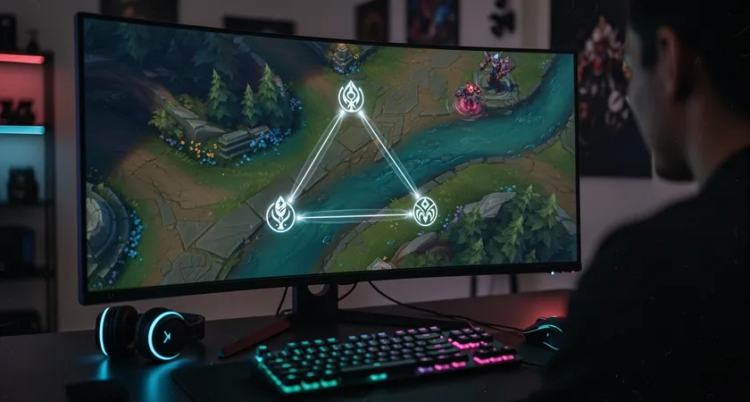A dynamic in-game screenshot at 3:30 minutes. The minimap is highlighted, showing three friendly wards forming a triangle in the enemy bottom-side jungle. All five allied champions are healthy and converging toward the river, while two enemy champions' positions are clearly tracked.