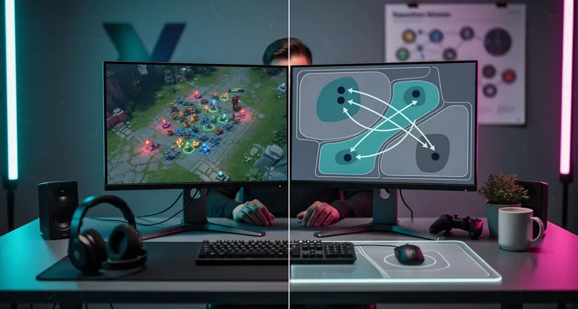 A split-screen visual: on the left, a team's gameplay replay is frozen at a key moment showing a scattered positioning. On the right, a simple diagram overlays the screen with arrows and zones highlighting the optimal repositioning. The desk holds empty coffee mugs, signaling a lengthy review session.