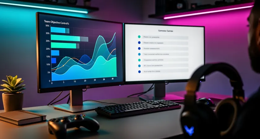 A clean, minimalist desktop setup with two monitors. The primary screen shows advanced analytics software with graphs charting a team's objective control percentage over 20 games. The secondary screen has a text document open with bullet-pointed, actionable feedback, devoid of any branding or personal identifiers.