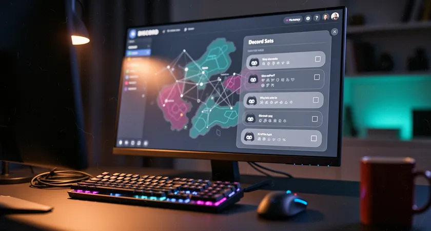 A desktop screen showing a Discord chat overlay on a League of Legends client, the chat filled with checkboxes and confirmations like 'Ping stable', 'Comms checked', and 'VOD reviewed', warm monitor glow in a dimly lit room, a mechanical keyboard with custom keycaps in the foreground