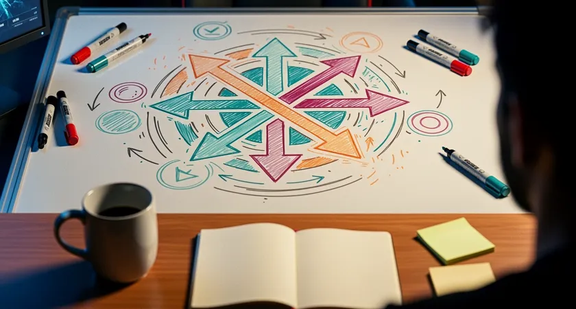 A stylized top-down view of Summoner's Rift map drawn on a whiteboard, with colored markers denoting jungle pathing arrows and lane priority zones, a half-empty coffee mug and a notebook with champion names sitting on a wooden desk nearby