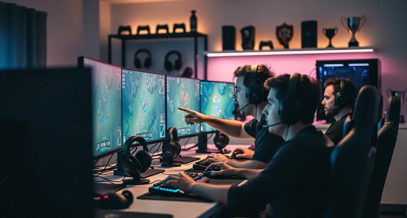 Three gamers focused on their monitors in a shared gaming space, their faces lit by screen glow, one pointing at a minimap on their display, mouths open in mid-callout, shelves with gaming peripherals and team memorabilia in the soft-focus background
