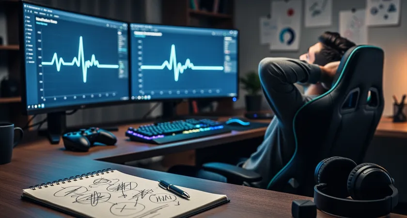 A frustrated player leans back in a gaming chair, hands behind head, looking at a statistics screen showing a win/loss graph flatlining on a second monitor, the room lit by the cool blue light of the displays, a notepad with scribbled strategies discarded on the floor