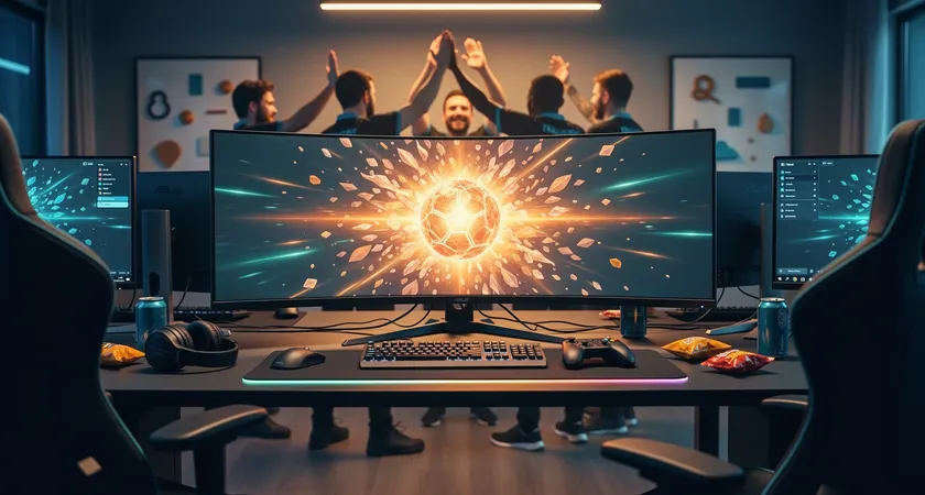 A wide shot of a team high-fiving and celebrating after a close victory, their monitors showing a victorious Nexus explosion, the room vibrant with warm, congratulatory lighting, empty drink cans and snack wrappers hinting at a long, productive session on the table